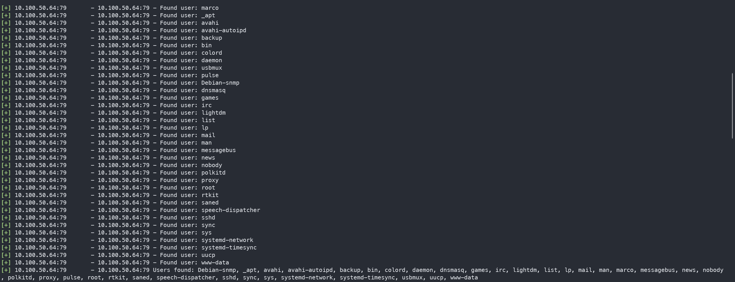 Finger user enumeration listing system accounts plus the user marco