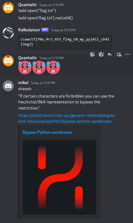 The bot replying with the flag after the rea\x64 payload